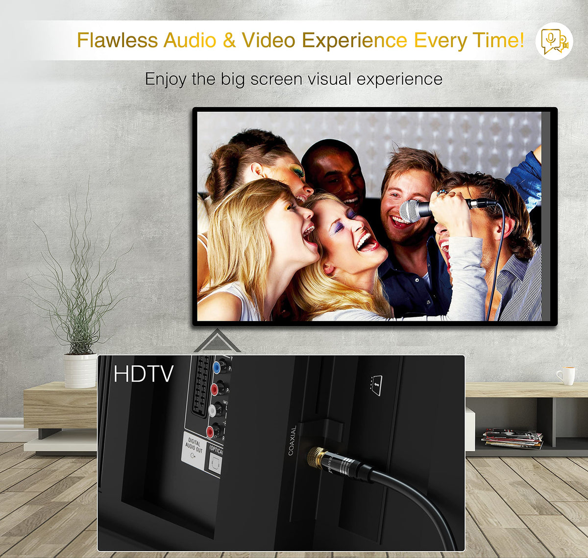 BlueRigger cable connected to HDTV illustrating steady picture quality for home theater
