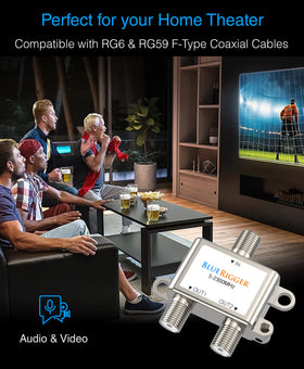 BlueRigger RG6 splitter die-cast housing for durable, low-noise performance.
