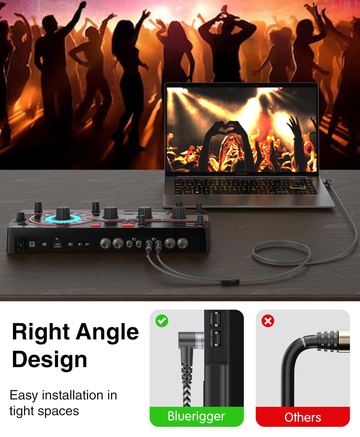 BlueRigger right-angled 3.5mm to 2RCA for easy, case-friendly hookups.