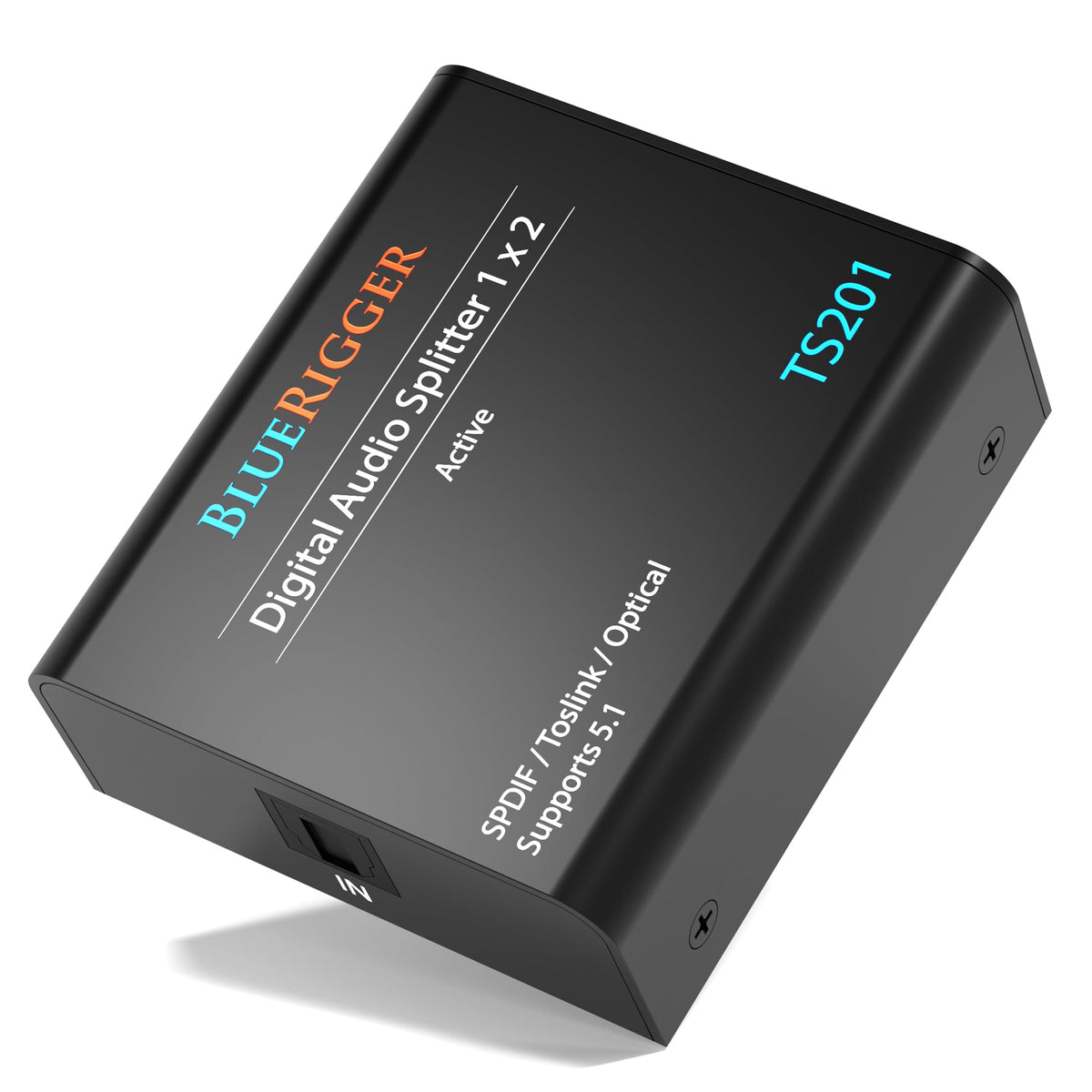 BlueRigger front panel showing Toslink input and dual outputs, easy connection benefit