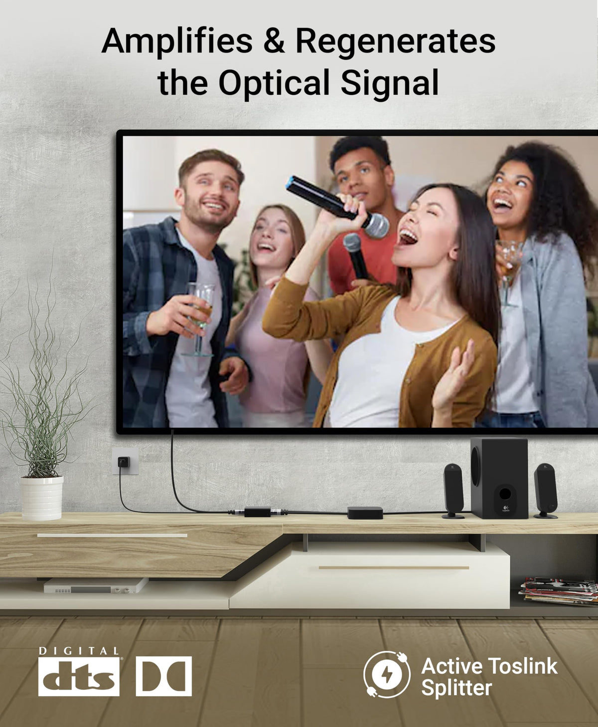 BlueRigger splitter connected between TV, soundbar and receiver showing multi-room flexibility