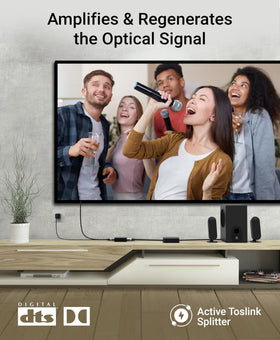 BlueRigger splitter connected between TV, soundbar and receiver showing multi-room flexibility