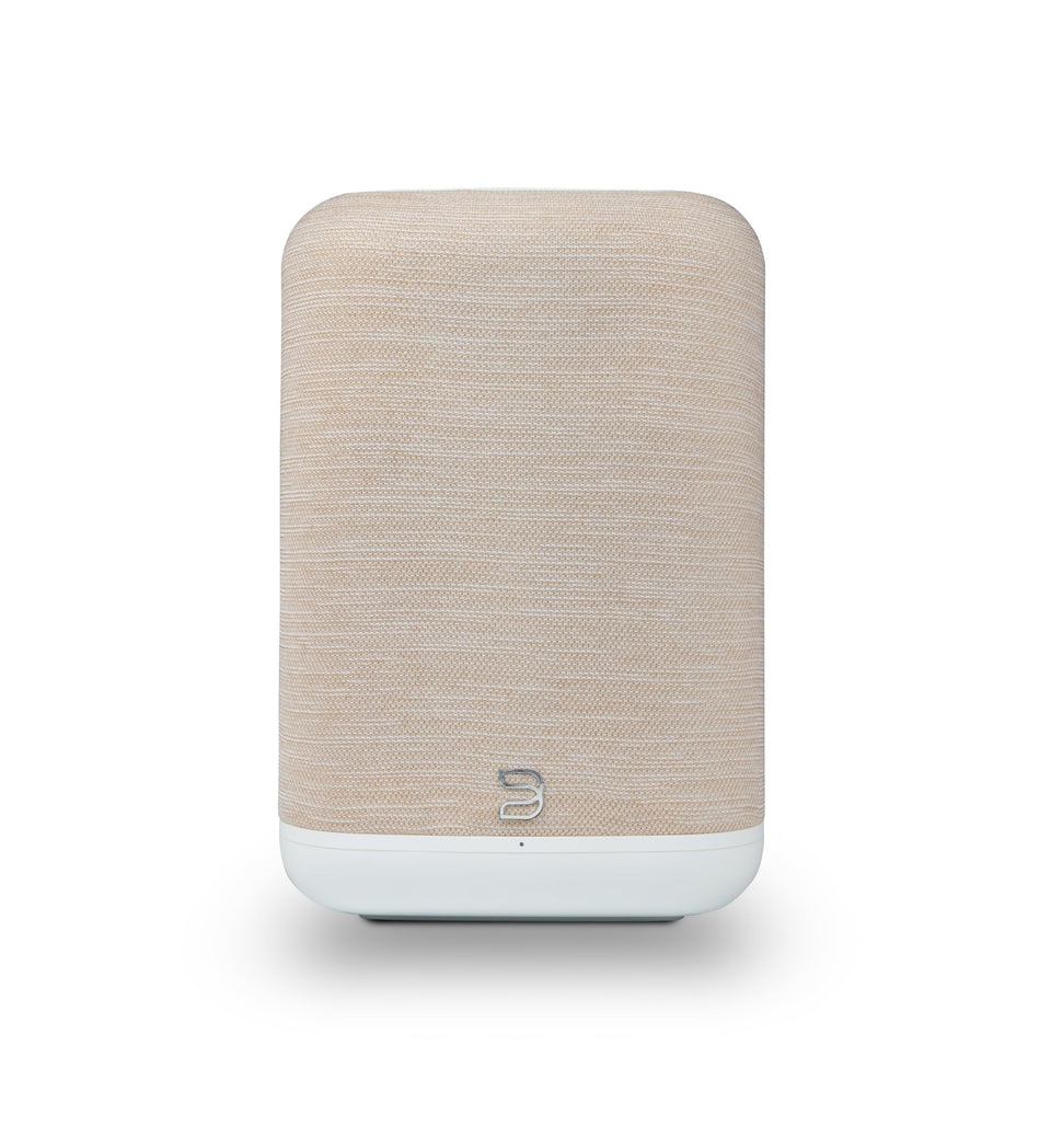 Bluesound Pulse Flex front view showing a compact hi-res speaker on a shelf.