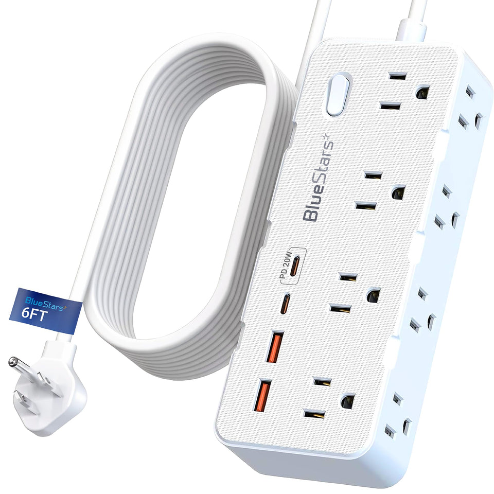 BlueStars 6ft extension cord with flat plug powering multiple devices from one outlet.