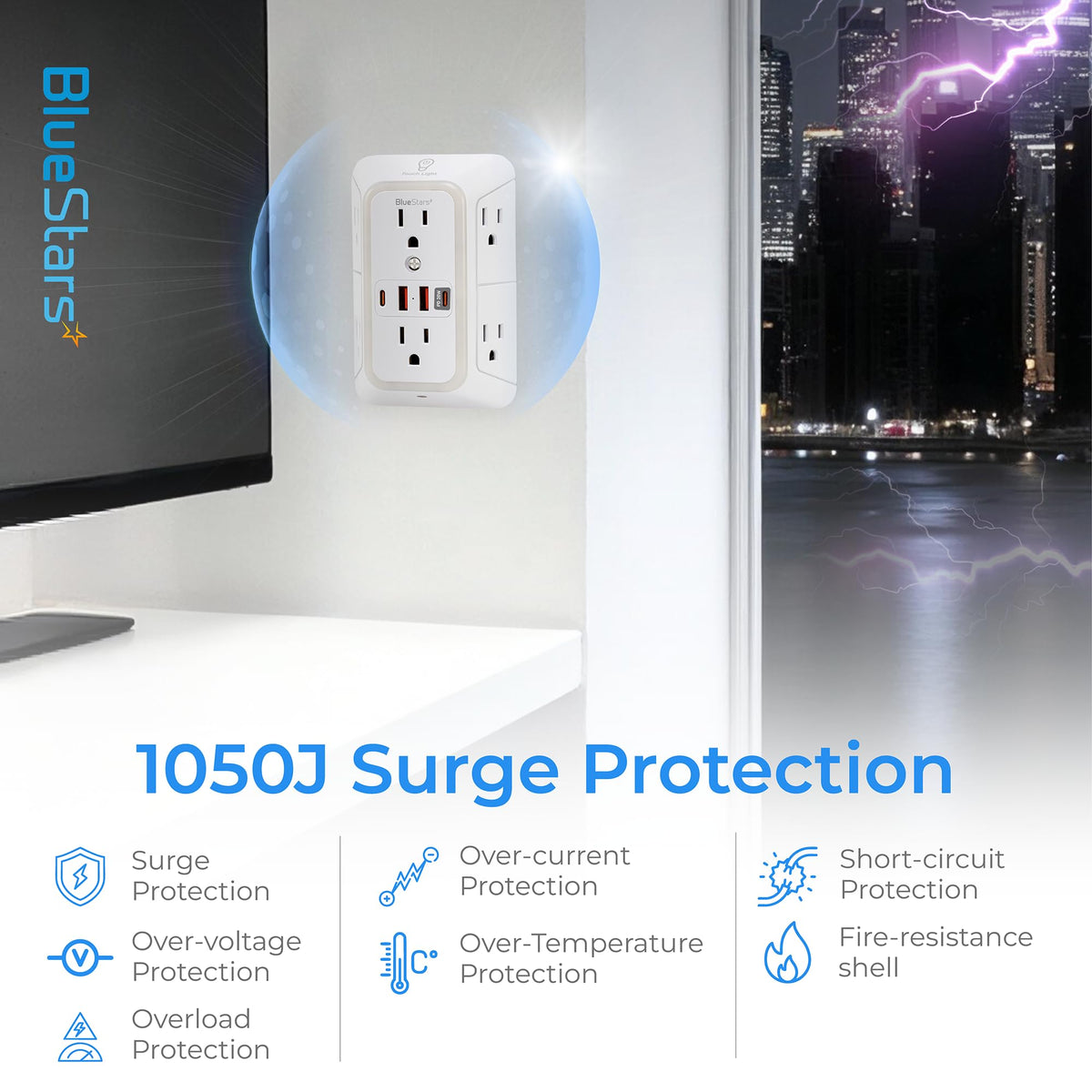 BlueStars power strip cord and plug shown to indicate 13A, 1875W capacity
