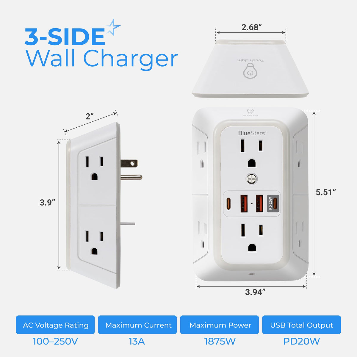 BlueStars close-up of USB-C and USB-A ports delivering fast PD 20W charging