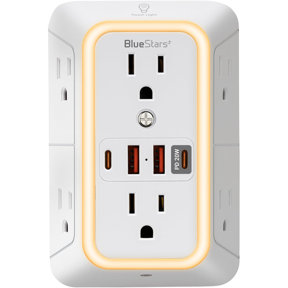 BlueStars front view showing all six outlets and four USB ports for versatile charging