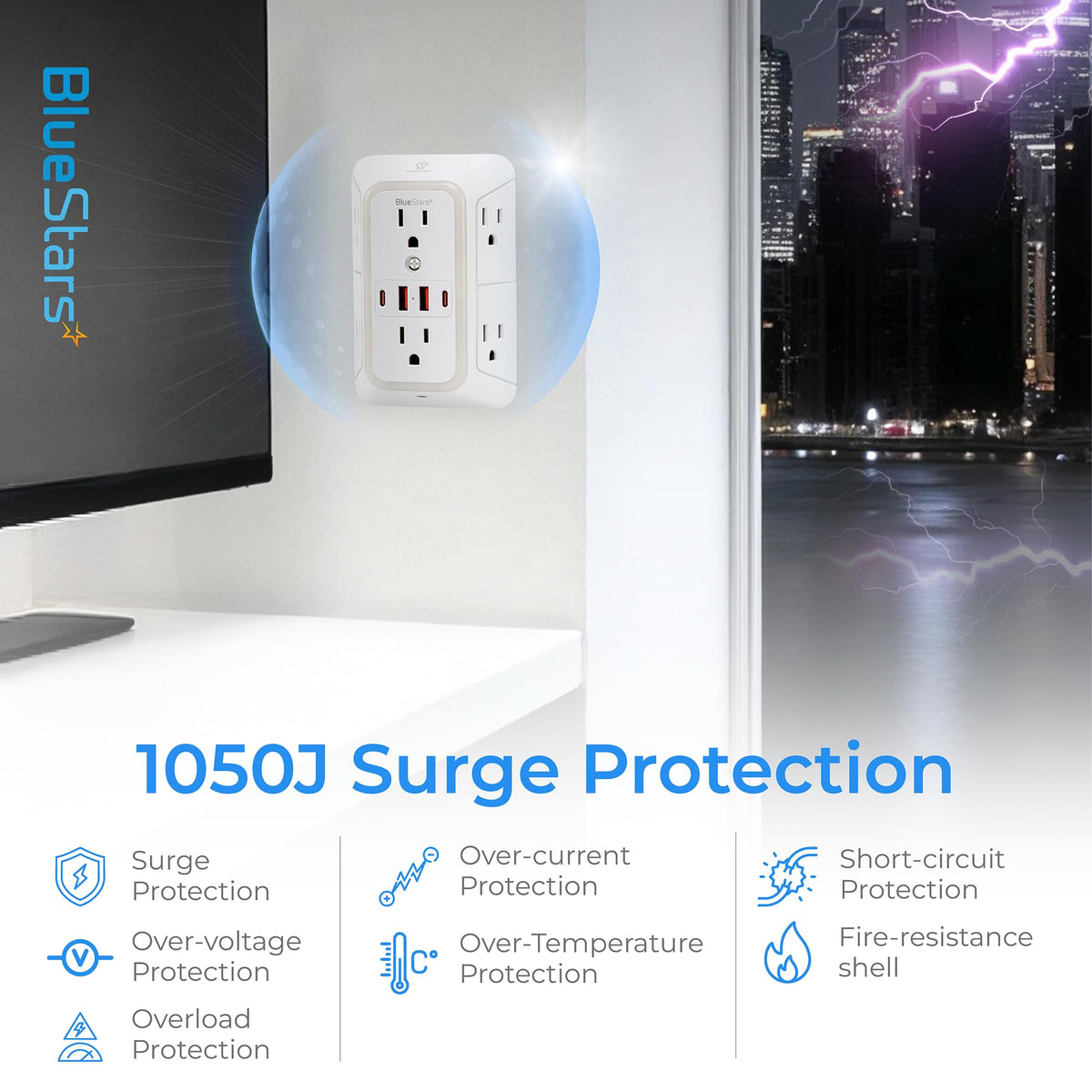 BlueStars on a desk powering laptop, phone, and lamp for organized charging