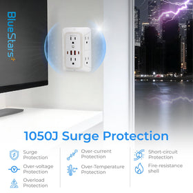 BlueStars on a desk powering laptop, phone, and lamp for organized charging
