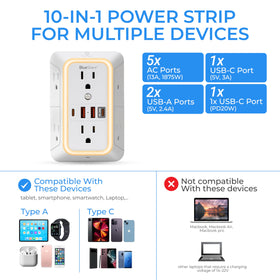 BlueStars side angle displaying three-sided outlet layout for improved plug spacing