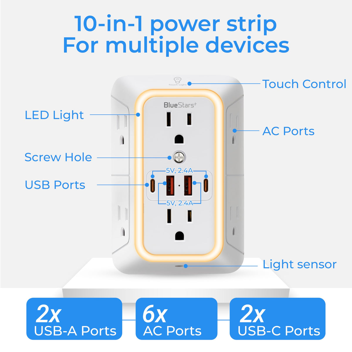 BlueStars top view highlighting spaced outlets for bulky adapters benefit
