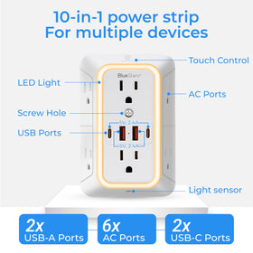 BlueStars top view highlighting spaced outlets for bulky adapters benefit