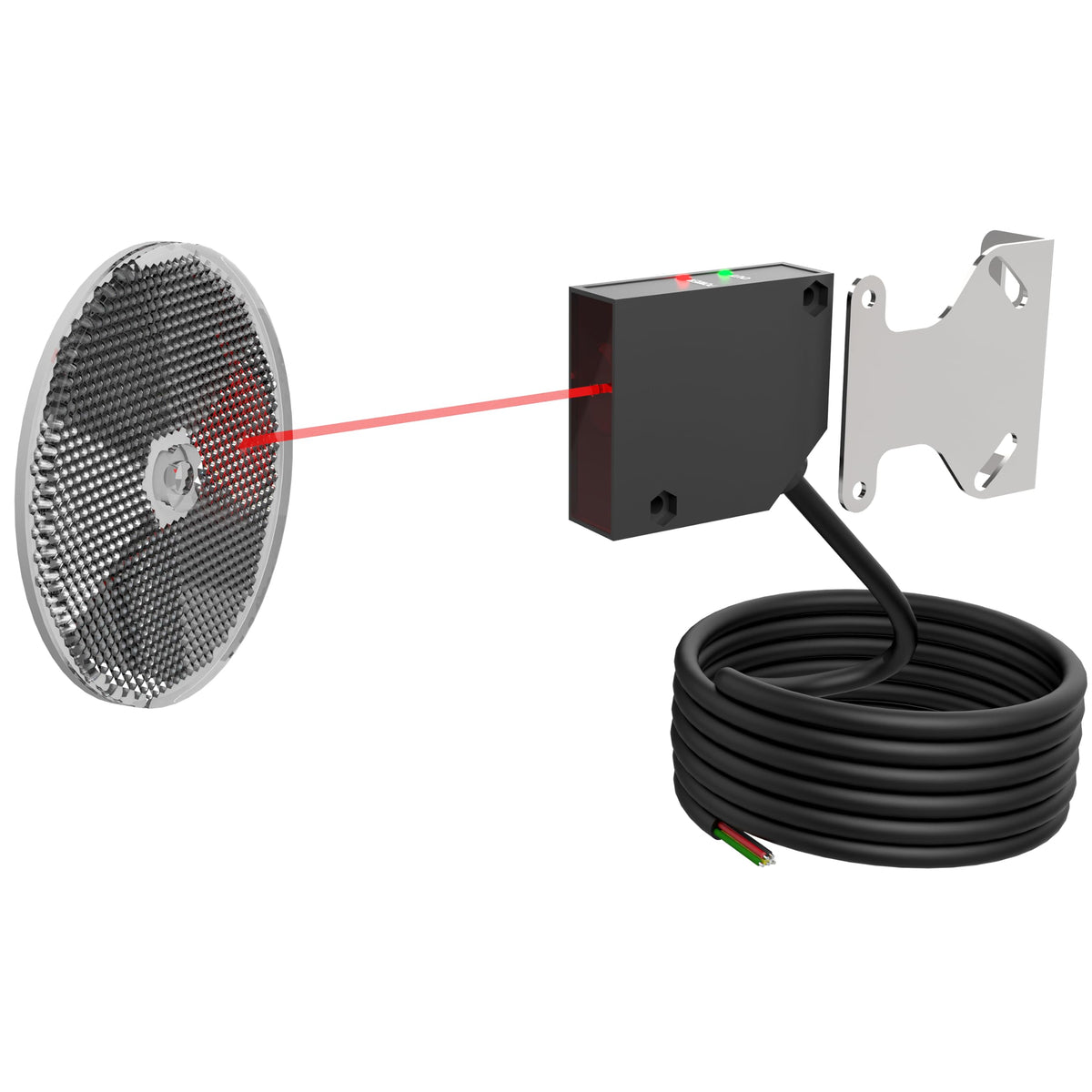 Blütezeit retro-reflective sensor with 40 ft visible red beam for quick alignment.