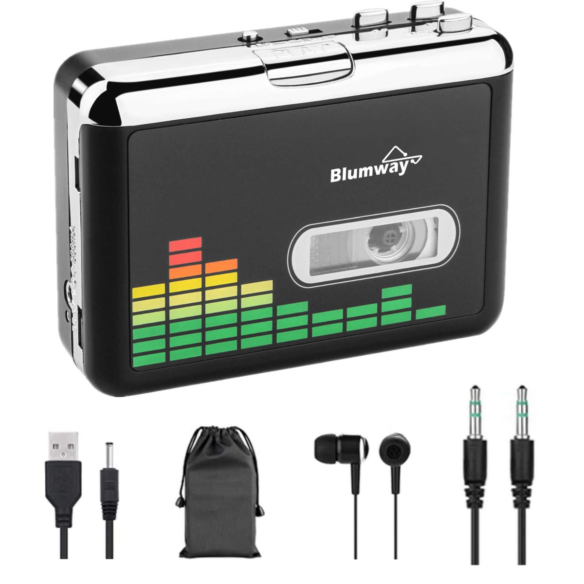 BlumWay USB cassette-to-mp3 converter front view for easy digital archiving.