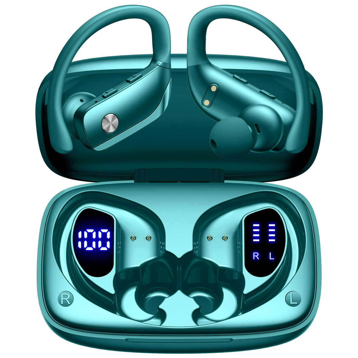 bmani front view of green earbuds and closed case showing design and portability