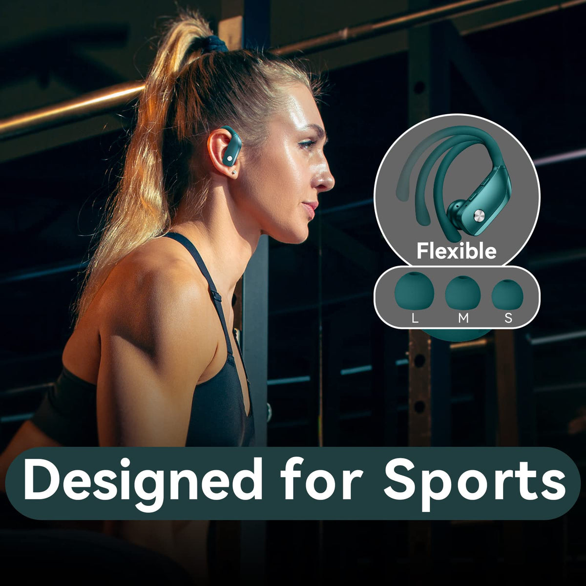 bmani earbuds worn by runner in gym showing sweat-resistant active use