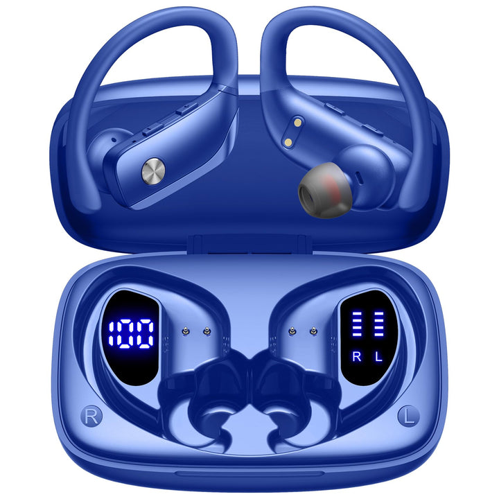 bmani earbuds front view showing sleek blue finish and compact case for travel convenience