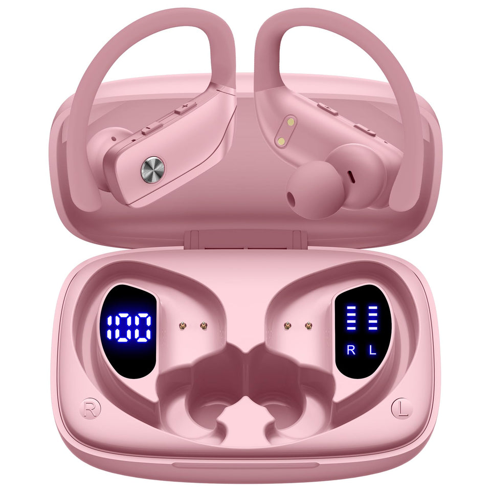 bmani front view pink case and earbuds showing sleek design and portability