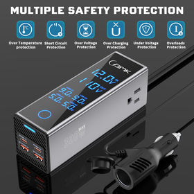 BMK inverter placed in car console powering devices during a road trip