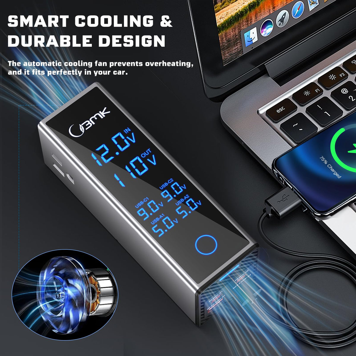 BMK next to a laptop to show scale, ideal for charging small electronics