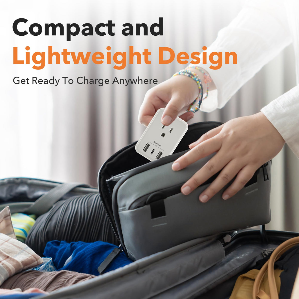 Compact travel-friendly size fits suitcase or hotel desk setup