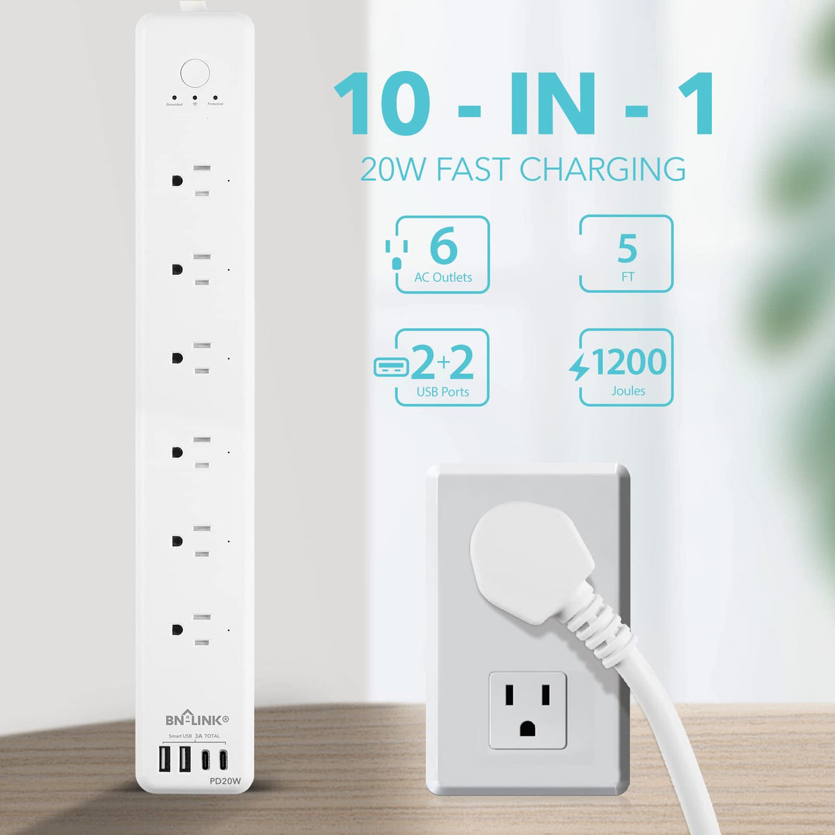 BN-LINK Smart Plug Power Strip with four USB ports and 20W USB-C fast charging.
