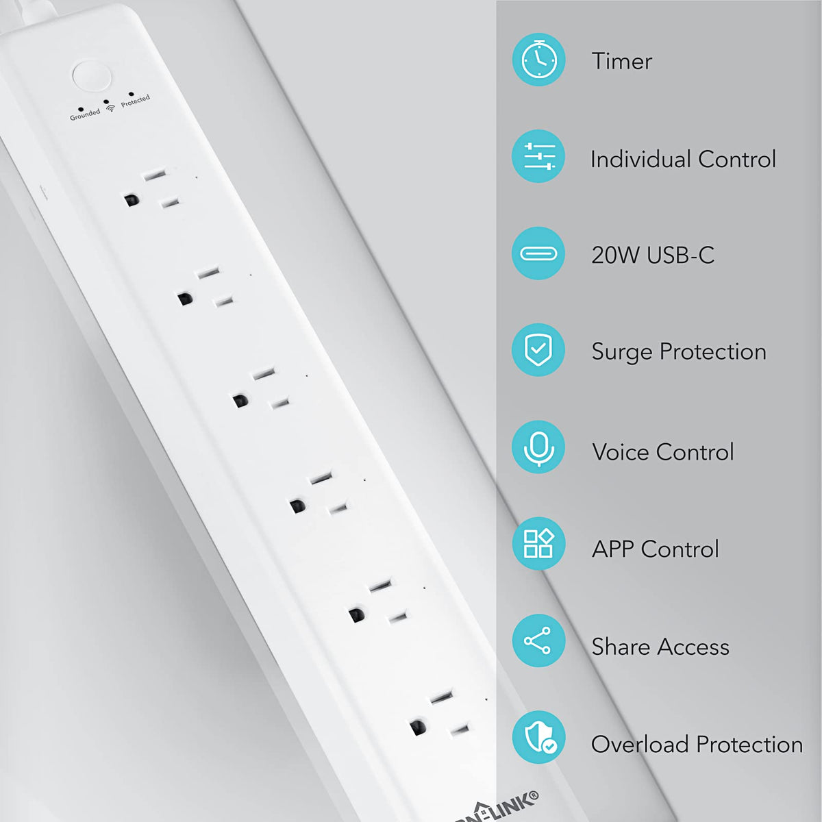 Voice-enabled BN-LINK power strip works with Alexa and Google Assistant for hands-free control.
