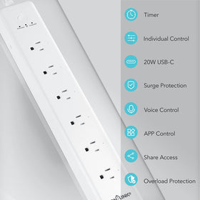 Voice-enabled BN-LINK power strip works with Alexa and Google Assistant for hands-free control.