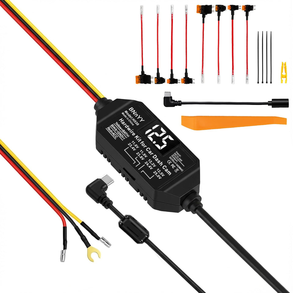 BNnYY USB-C dash cam hardwire kit with ACC detection powers the camera when the engine starts