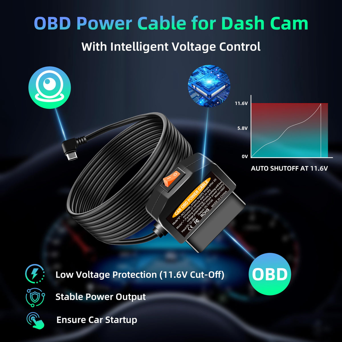 BNnYY smart low-voltage protection prevents battery drain while driving or parked.