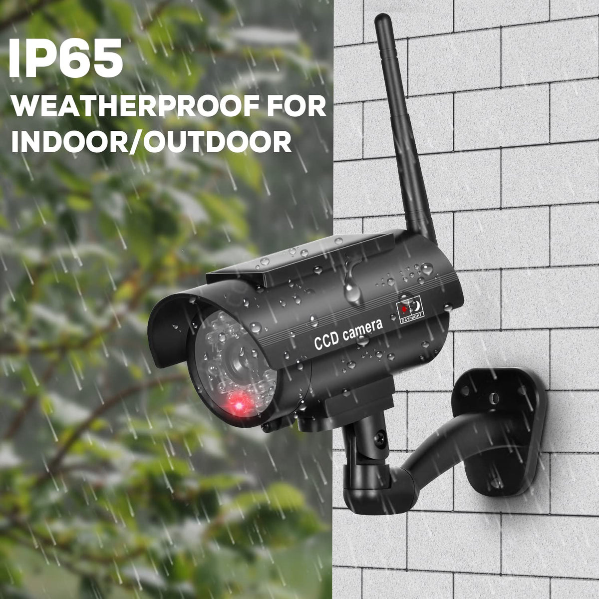 BNT dummy camera mounted on exterior wall demonstrating outdoor placement benefit