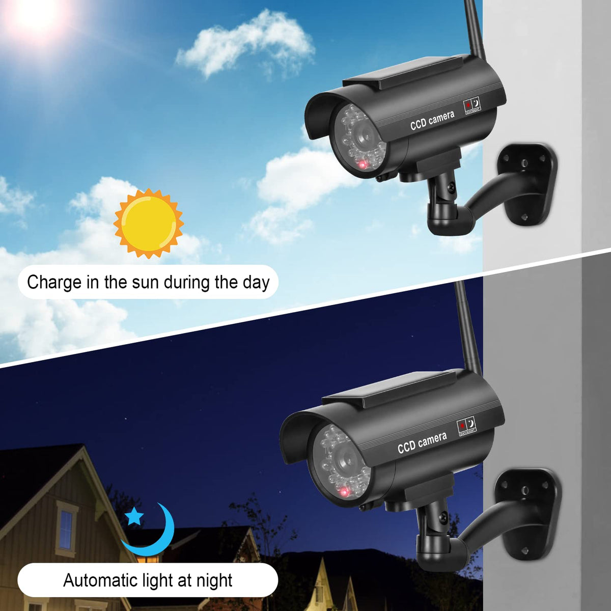 BNT solar-powered fake camera mounted on side for discreet surveillance