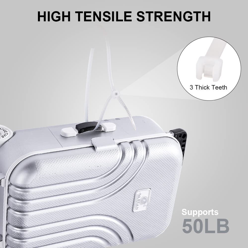 Boacua 50 lb tensile white zip ties for durable outdoor use.