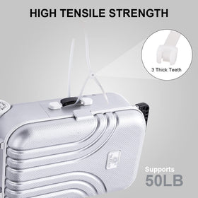 Boacua 50 lb tensile white zip ties for durable outdoor use.