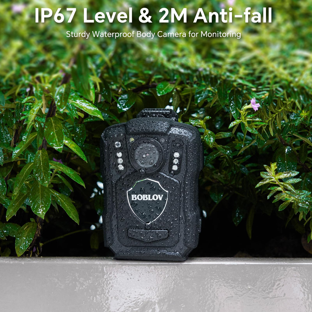 BOBLOV M5 IP67 waterproof body camera withstands rain and immersion.