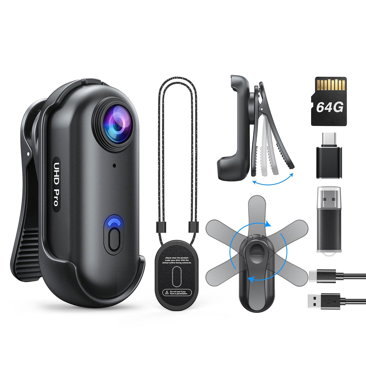 BOBLOV W4 on 360-degree clip for hands-free everyday recording.
