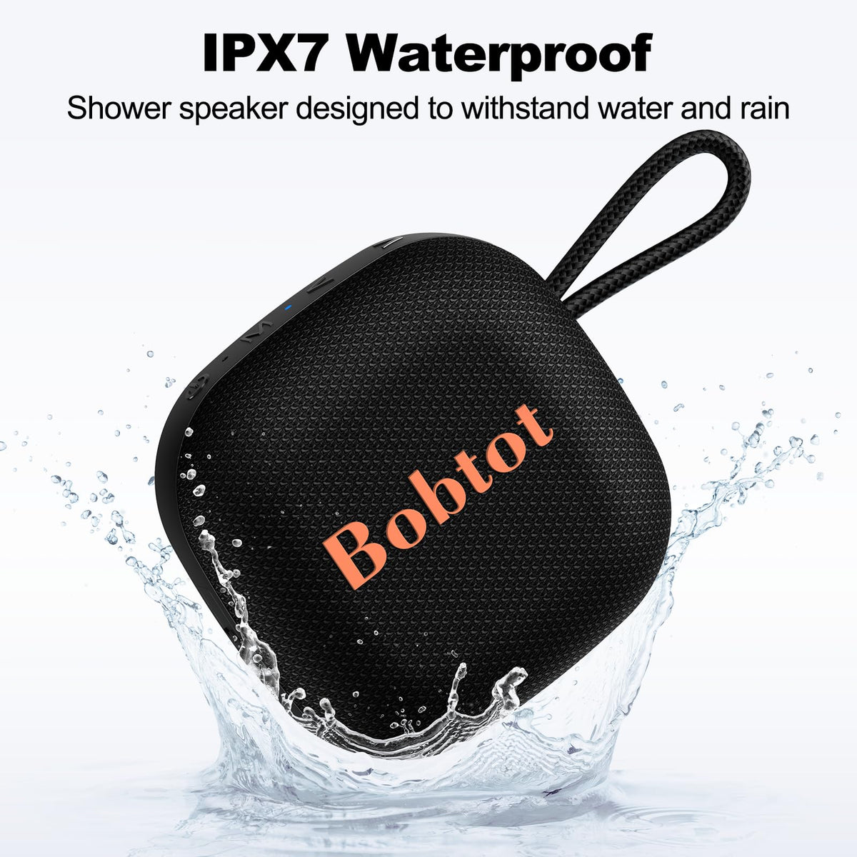 Bobtot Bluetooth speaker with lanyard attached for easy bag or bike mounting.