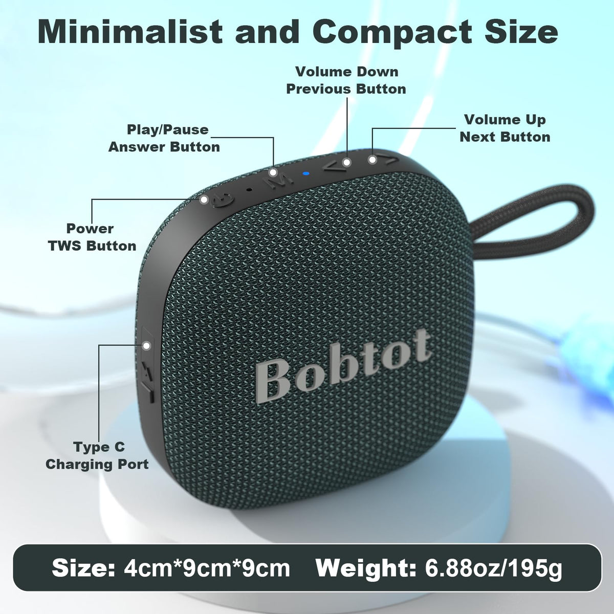 Bobtot compact dark blue speaker with carry lanyard for easy travel.