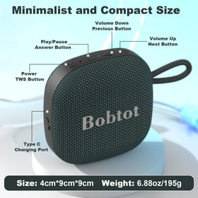 Bobtot compact dark blue speaker with carry lanyard for easy travel.