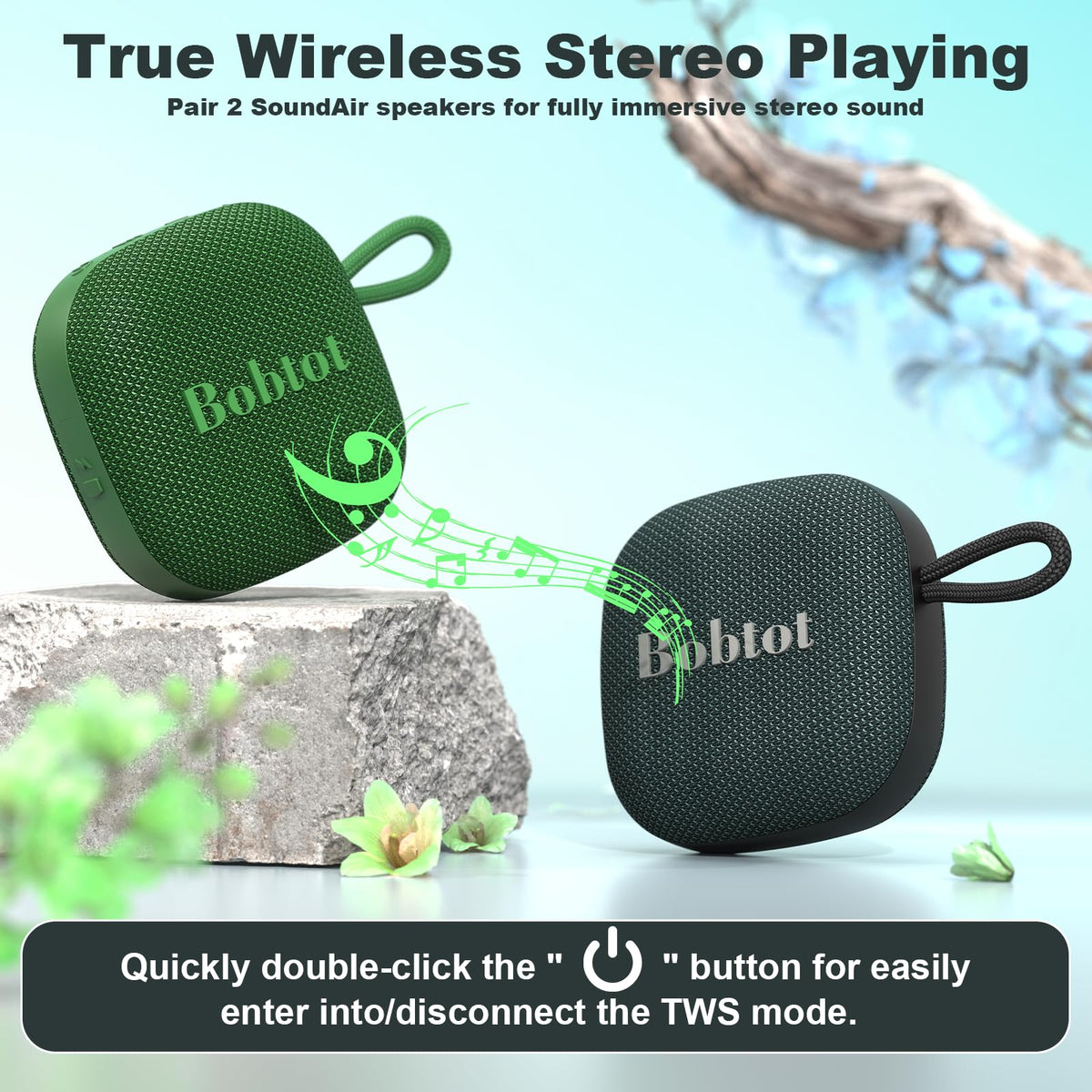 Bobtot dual stereo pairing setup for bigger room sound.
