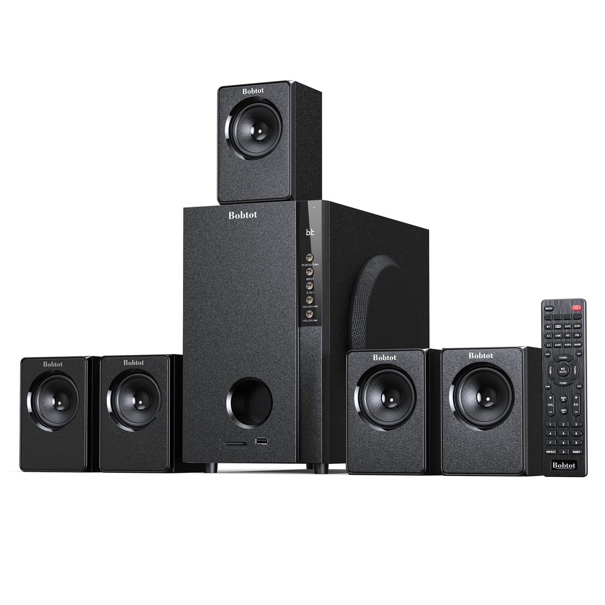 Bobtot A55 subwoofer front view highlighting deep bass and compact footprint.