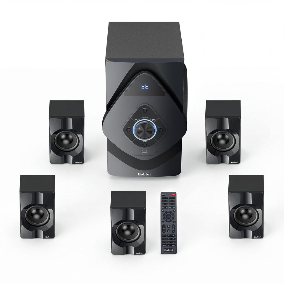 Bobtot home theater front left speaker enhances immersive surround sound.