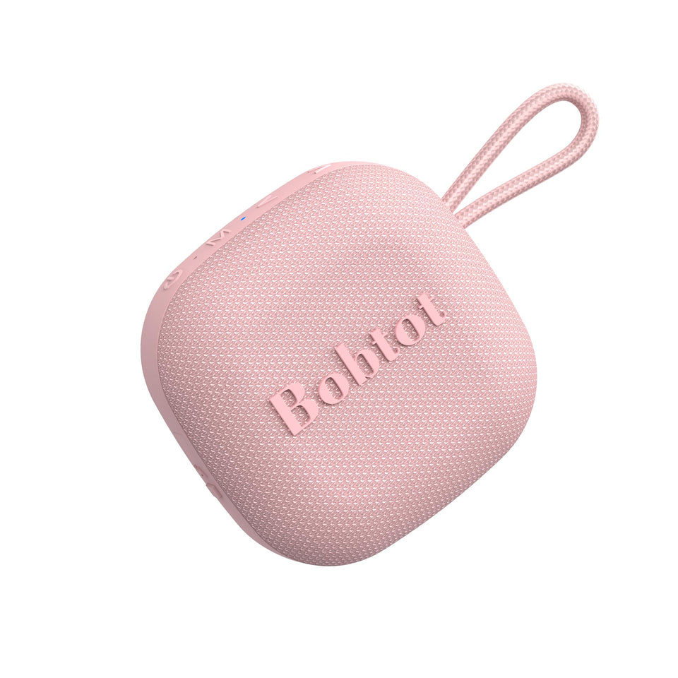 Bobtot portable Bluetooth speaker in pink, compact design for on the go listening.