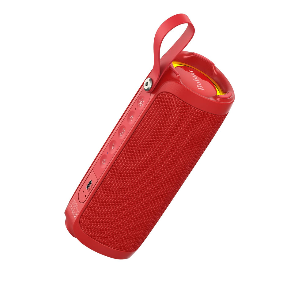 Bobtot portable Bluetooth speaker red front view for powerful outdoor listening.