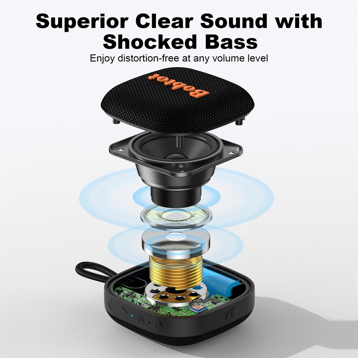 Bobtot speaker side view demonstrates its small footprint for on-the-go listening.
