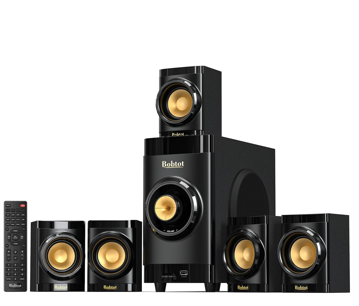 Bobtot small-subwoofer front view enhances compact room bass for TV viewing.