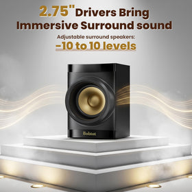 Bobtot surround-front speakers provide immersive stereo in tight spaces.