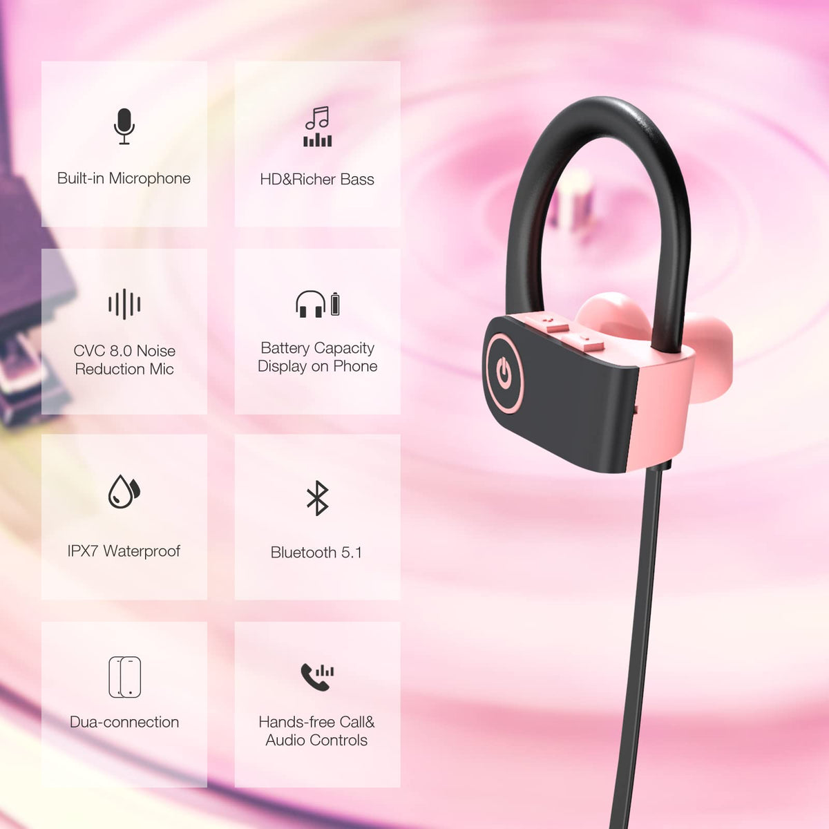 Boean Bluetooth headphones IPX7 waterproof design for workouts and rain