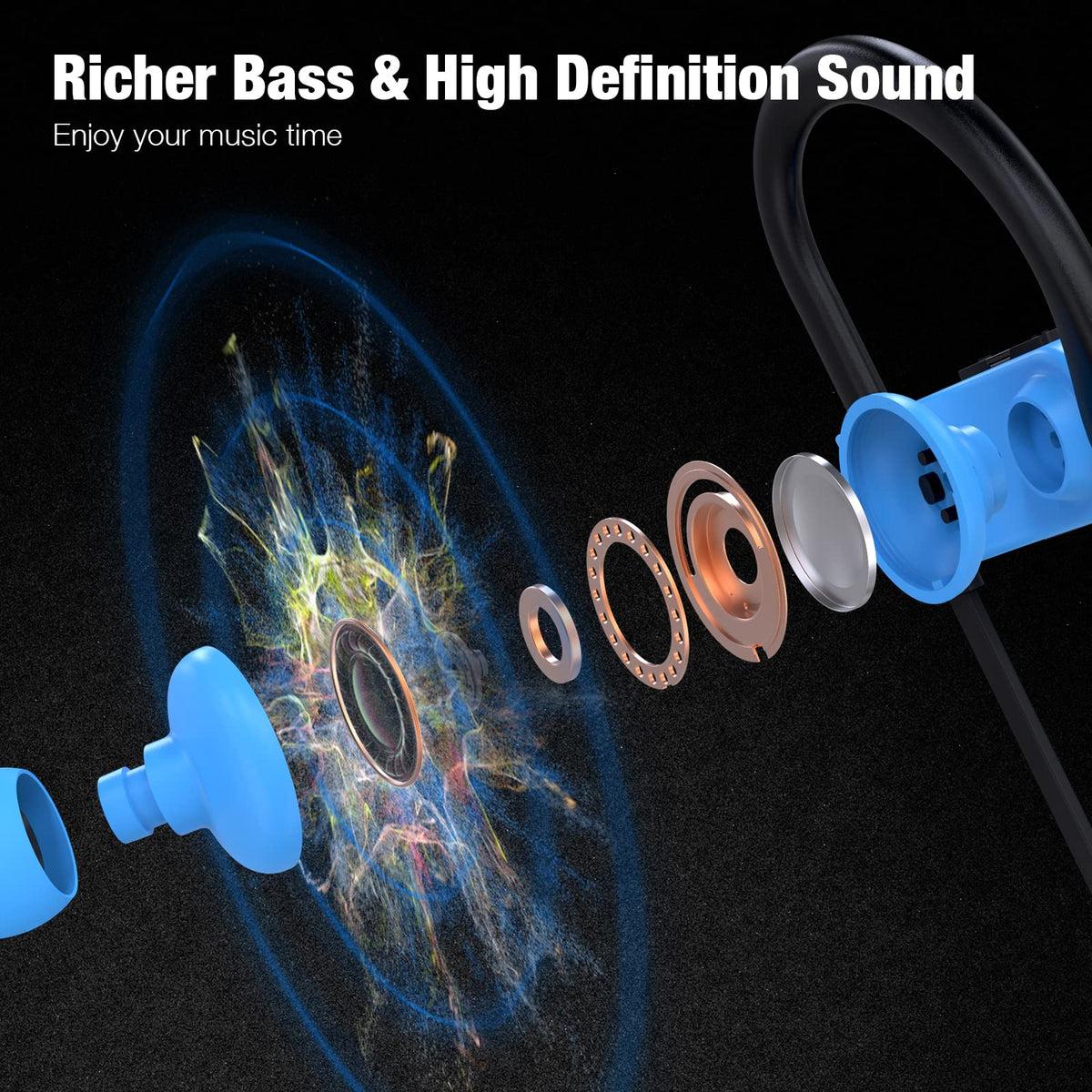 Boean earbuds with water splash illustrating IPX7 protection from sweat
