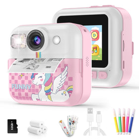 BOFIDAR front view of pink instant camera showing buttons and lens, kid-friendly design